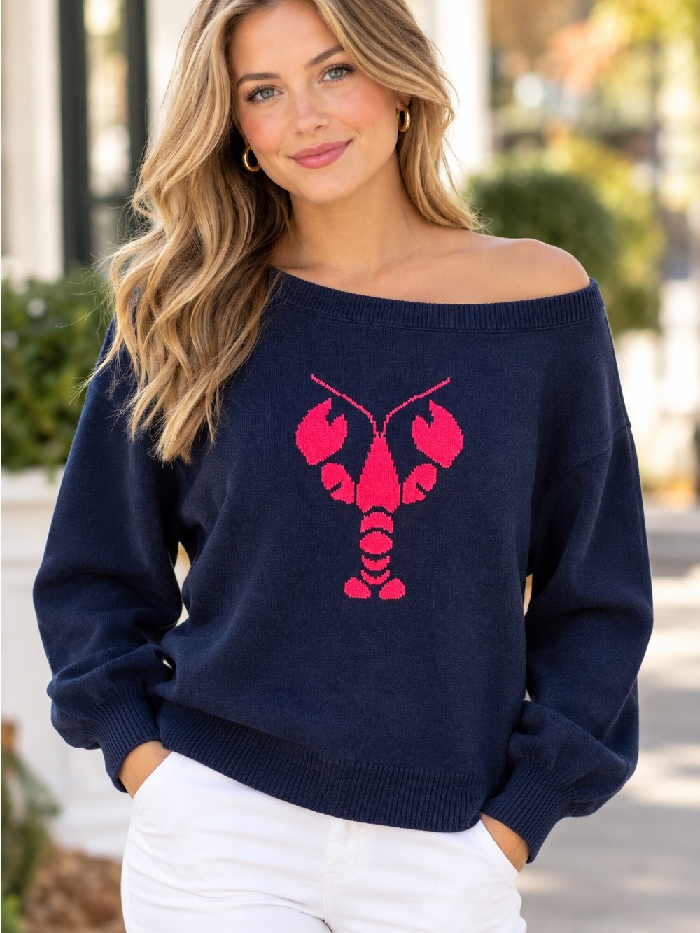 Hollister Navy Off-the-Shoulder Sweater with Red Lobster